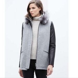 Danier Gray & Black Wool & Leather Coat with Real Silver Fox Fur Collar - XS/2XS